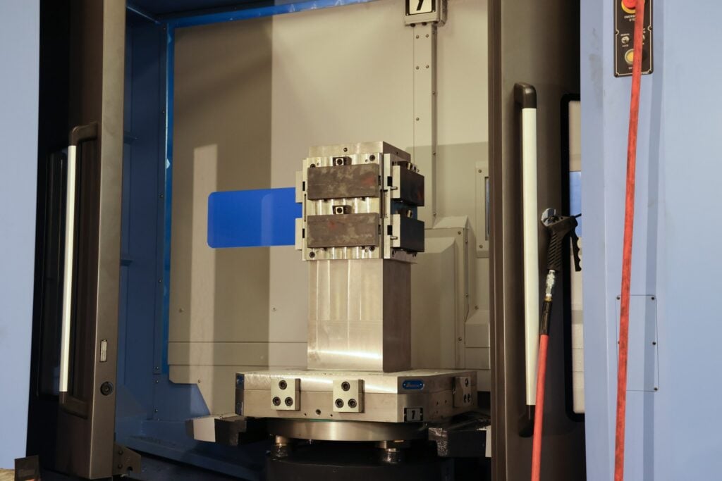 Fixture and workpiece on the pallet of a CNC horizontal machining center