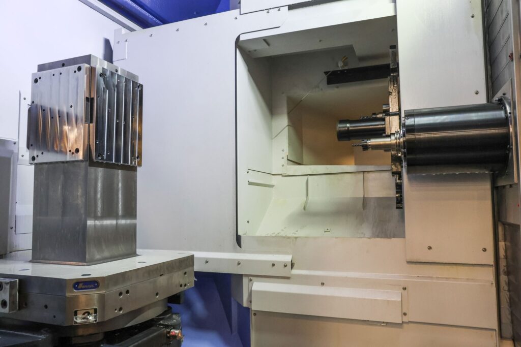 Spindle and tombstone fixture inside a CNC horizontal mill