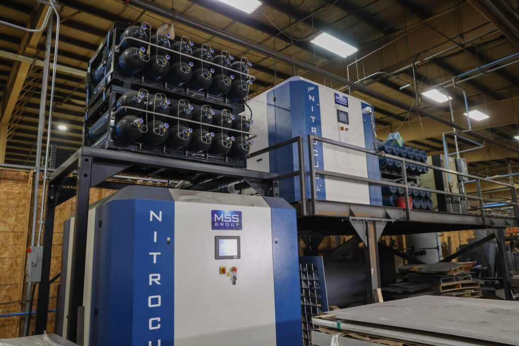 Nitrogen generator and gas storage racks on the shop floor